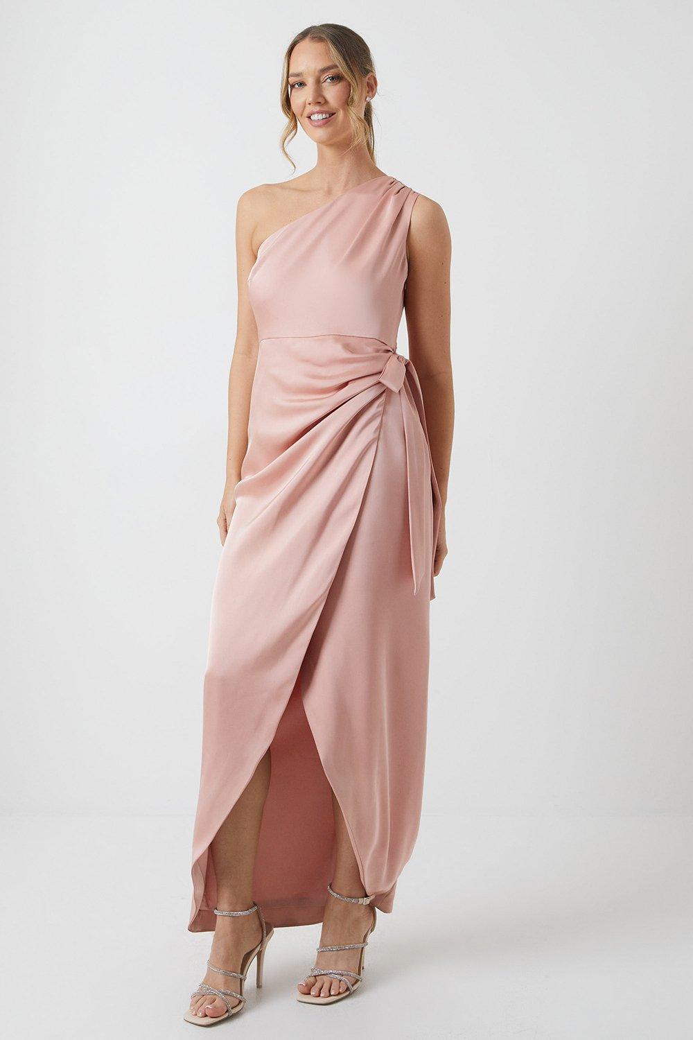 One Shoulder Wrap Over Column Bridesmaids Dress - Pink